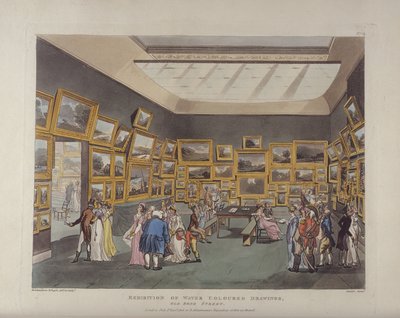 Ausstellung von Aquarellzeichnungen, Old Bond Street, Tafel 34, aus Ackermanns Microcosm of London, or, London in Miniature, veröffentlicht von Rudolph Ackermann (1764-1834) graviert von Joseph Constantin von T. and Pugin Rowlandson